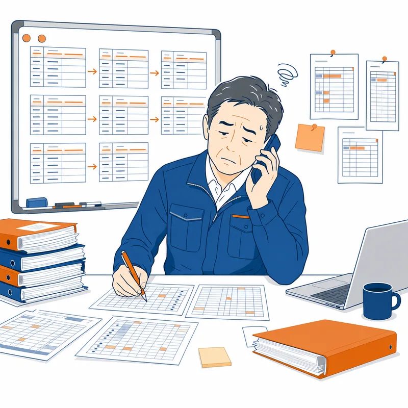ホワイトボードと書類に囲まれ、同じ予定を何度も書き写している社長のイラスト