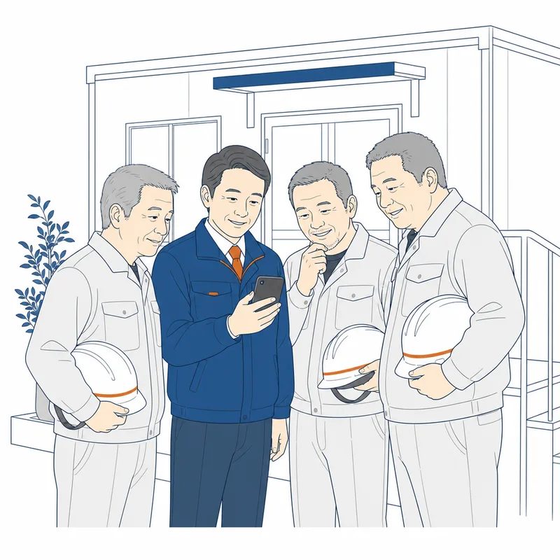 夕方の現場事務所前で、明日の予定をスマホで確認するチームのイラスト