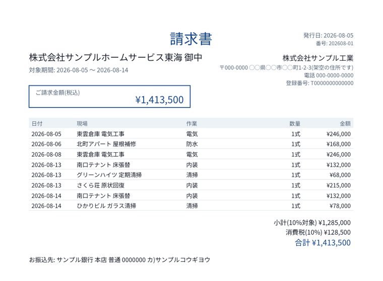 元請けへ送る請求書PDFの実物(データは架空のサンプル)