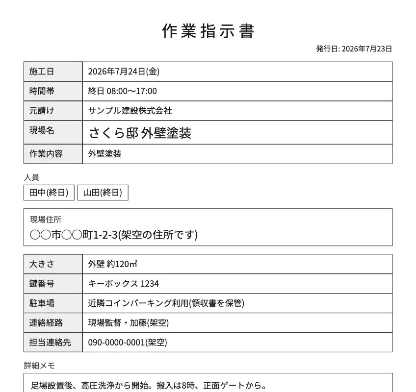 現場へ渡す作業指示書PDFの実物(データは架空のサンプル)
