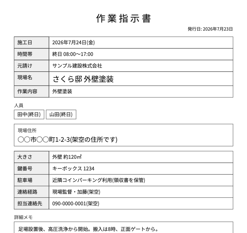 作業指示書の見本(架空)
